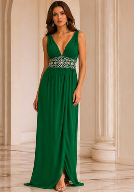 Mandalay Green Silk Beaded Empire Waist Maxi Dress Size 12